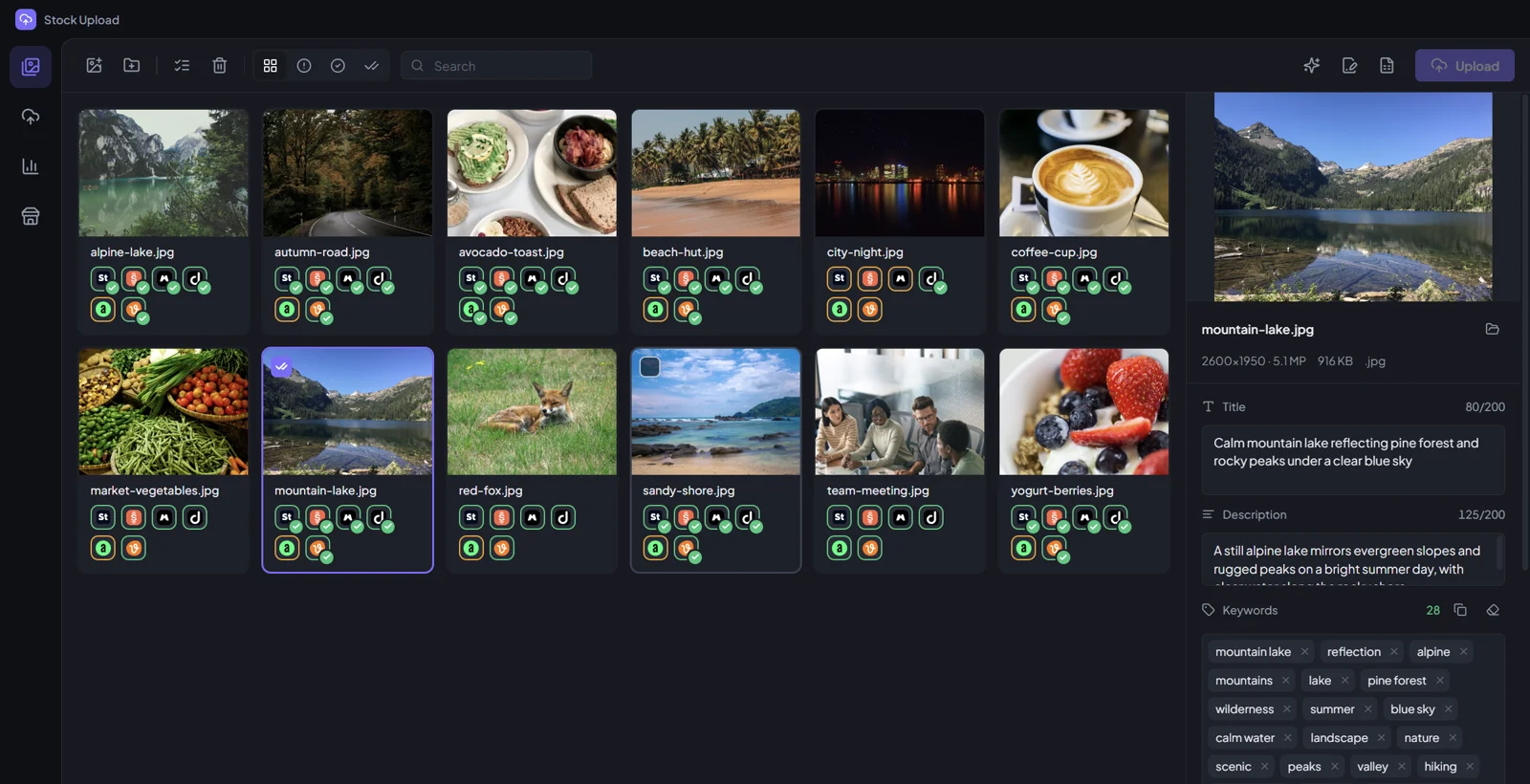 The Stock Upload library: photos with marketplace badges and the title, description and keywords editor